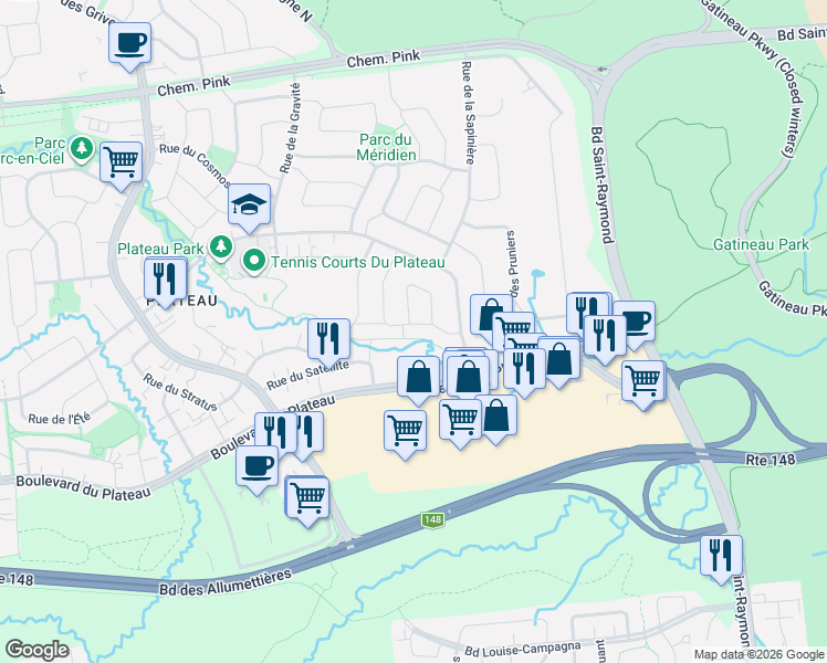 map of restaurants, bars, coffee shops, grocery stores, and more near 13 Rue de l'Astrolabe in Gatineau