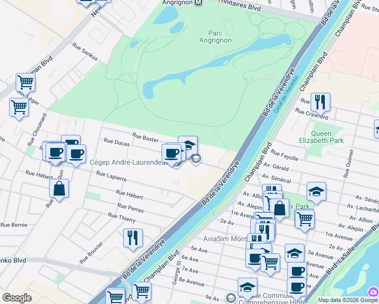 map of restaurants, bars, coffee shops, grocery stores, and more near 1191 Croissant du Collège in Montréal