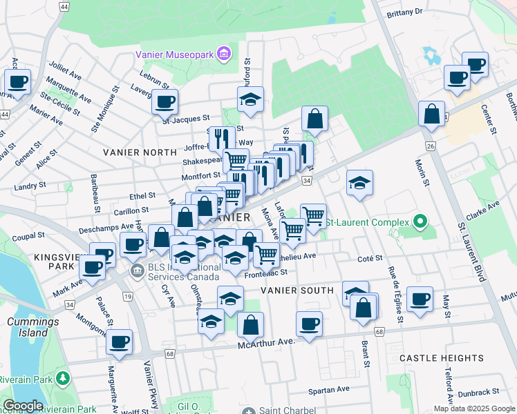 map of restaurants, bars, coffee shops, grocery stores, and more near 320 Montreal Road in Ottawa