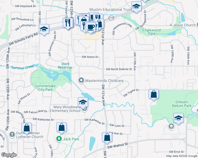 map of restaurants, bars, coffee shops, grocery stores, and more near 12155 Southwest Summer Street in Tigard