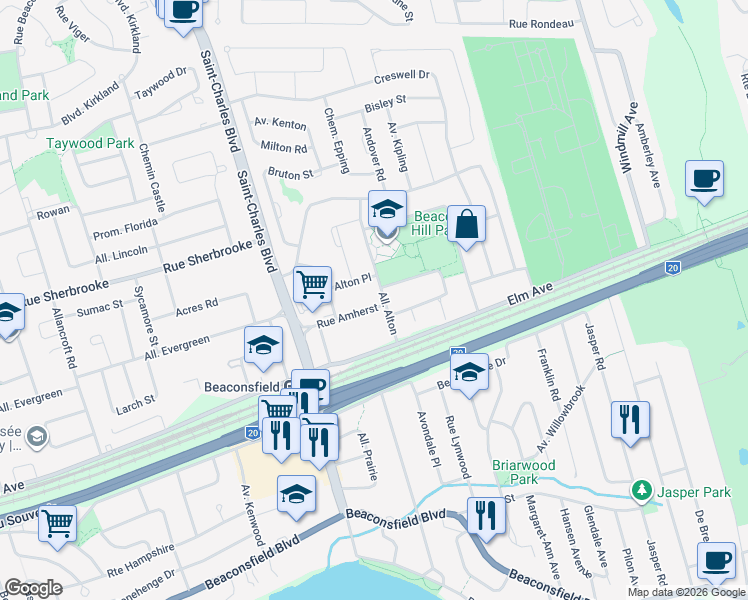 map of restaurants, bars, coffee shops, grocery stores, and more near 166 Amherst Road in Beaconsfield