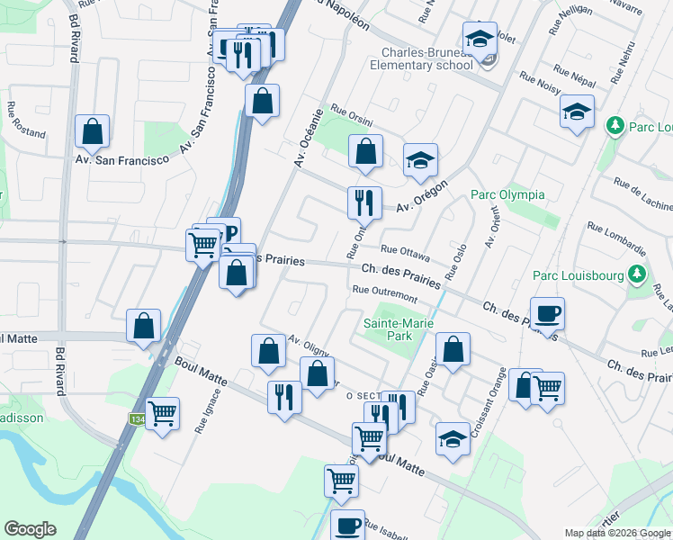 map of restaurants, bars, coffee shops, grocery stores, and more near 2615 Chemin des Prairies in Brossard