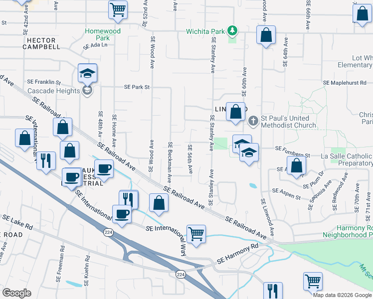 map of restaurants, bars, coffee shops, grocery stores, and more near 11805 Southeast 56th Avenue in Milwaukie