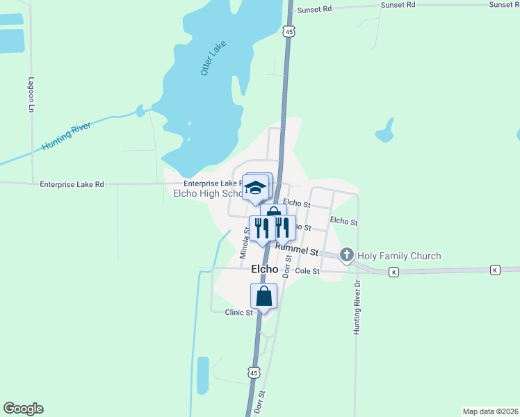 map of restaurants, bars, coffee shops, grocery stores, and more near 9630 Antigo Street in Elcho