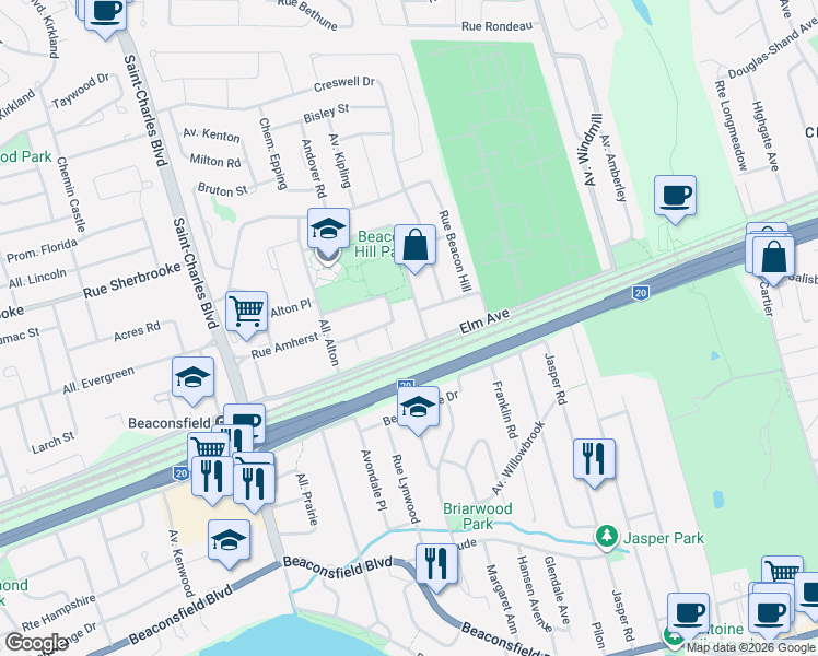 map of restaurants, bars, coffee shops, grocery stores, and more near 75 Elm Avenue in Beaconsfield