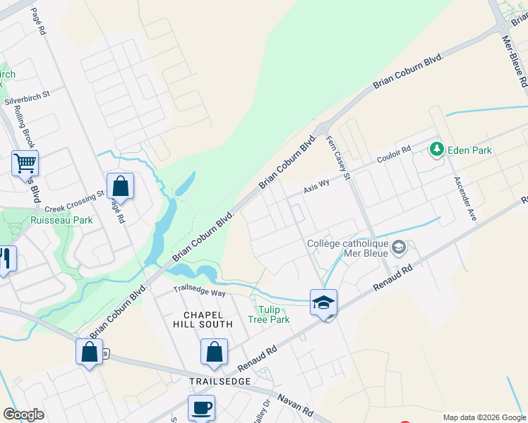 map of restaurants, bars, coffee shops, grocery stores, and more near 127 Wild Calla Way in Ottawa