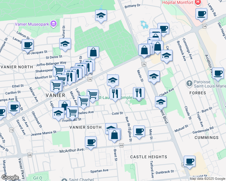 map of restaurants, bars, coffee shops, grocery stores, and more near 656 Église Street in Ottawa