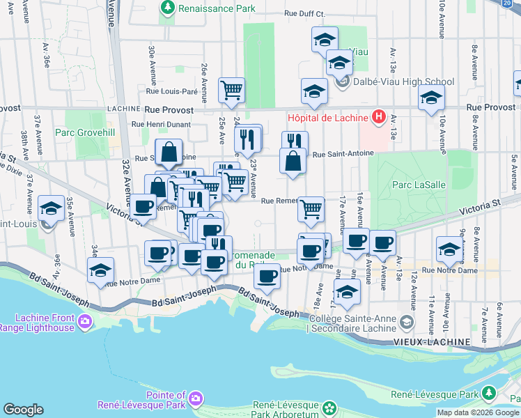 map of restaurants, bars, coffee shops, grocery stores, and more near 2125 Rue Remembrance in Montréal