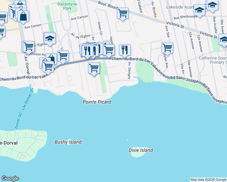 map of restaurants, bars, coffee shops, grocery stores, and more near 1 Avenue Saint-Charles in Dorval