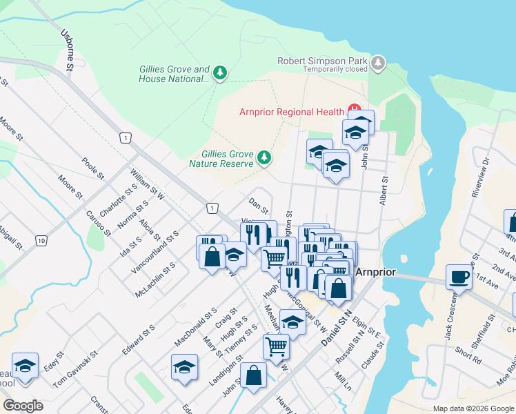 map of restaurants, bars, coffee shops, grocery stores, and more near 162 Dan Street in Arnprior