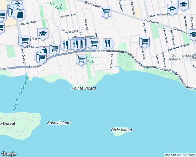 map of restaurants, bars, coffee shops, grocery stores, and more near 1 Avenue Saint-Charles in Dorval