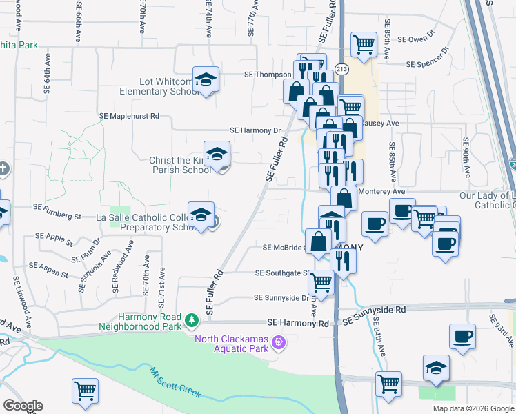 map of restaurants, bars, coffee shops, grocery stores, and more near 11661 Southeast Fuller Road in Milwaukie