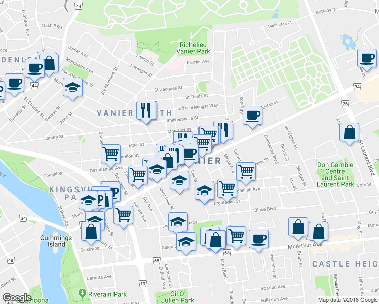 map of restaurants, bars, coffee shops, grocery stores, and more near in Ottawa