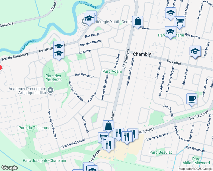 map of restaurants, bars, coffee shops, grocery stores, and more near 1647 Rue des Récollets in Chambly