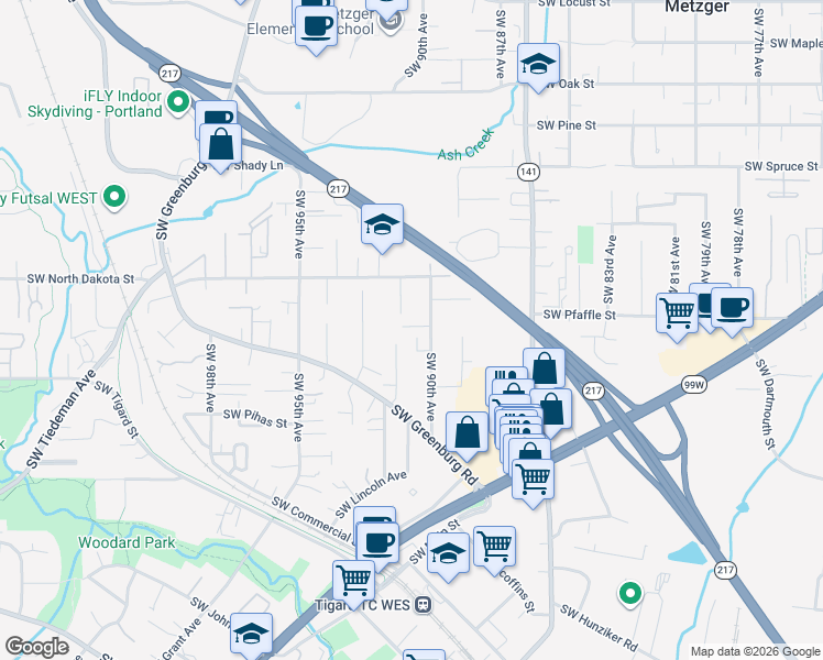 map of restaurants, bars, coffee shops, grocery stores, and more near 11403 Southwest 90th Avenue in Tigard