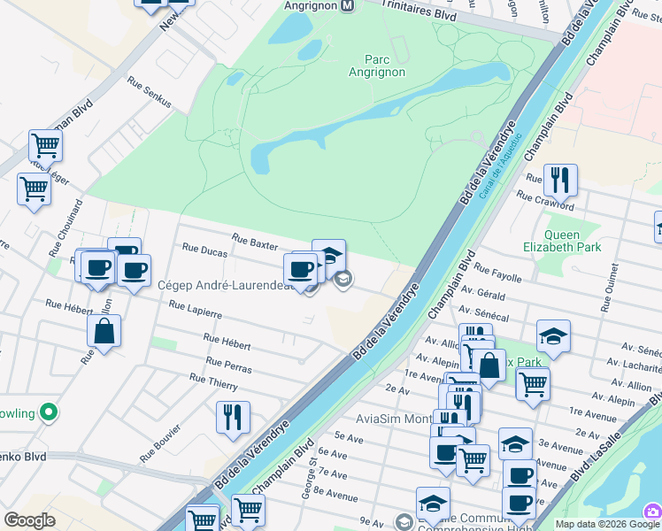 map of restaurants, bars, coffee shops, grocery stores, and more near 1191 Croissant du Collège in Montréal