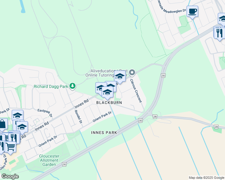 map of restaurants, bars, coffee shops, grocery stores, and more near 2978 Innes Road in Ottawa