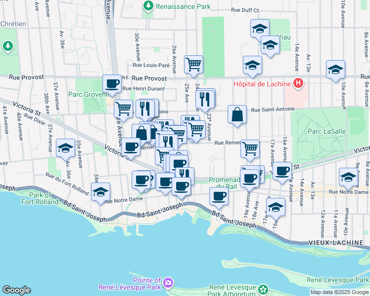 map of restaurants, bars, coffee shops, grocery stores, and more near in Montreal