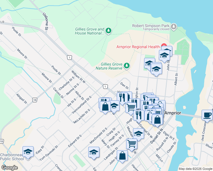 map of restaurants, bars, coffee shops, grocery stores, and more near 235 Elgin Street West in Arnprior