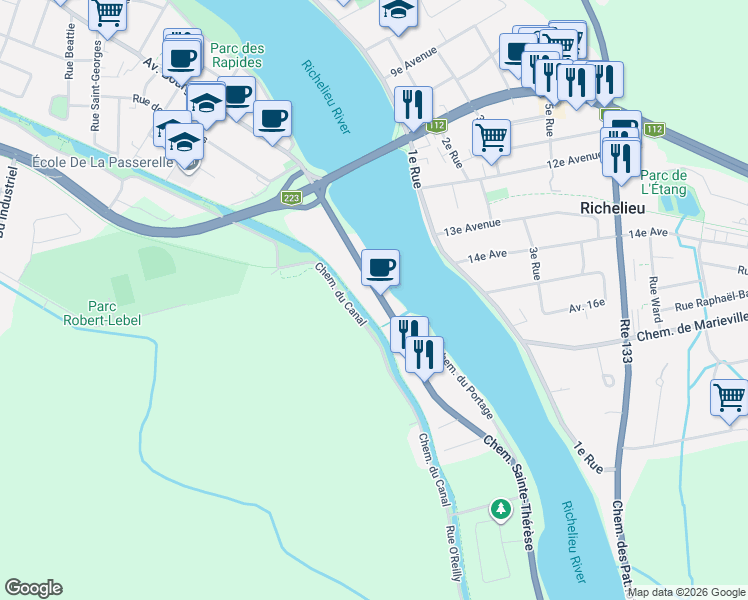 map of restaurants, bars, coffee shops, grocery stores, and more near 2952 Chemin Sainte-Thérèse in Carignan