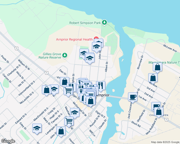 map of restaurants, bars, coffee shops, grocery stores, and more near Bell Street in Arnprior