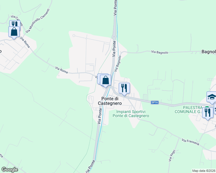 map of restaurants, bars, coffee shops, grocery stores, and more near 14 Via Roma in Ponte di Castegnero