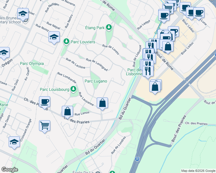 map of restaurants, bars, coffee shops, grocery stores, and more near Rue de Liverpool in Brossard