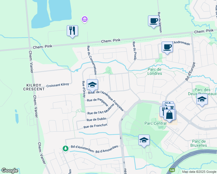 map of restaurants, bars, coffee shops, grocery stores, and more near 22 Rue du Luxembourg in Gatineau