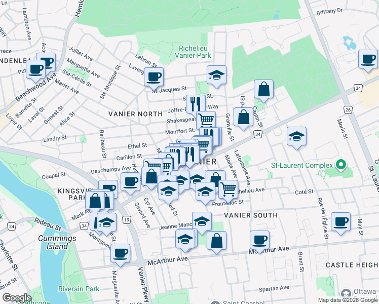 map of restaurants, bars, coffee shops, grocery stores, and more near 267 Rue Lallemand Street in Ottawa