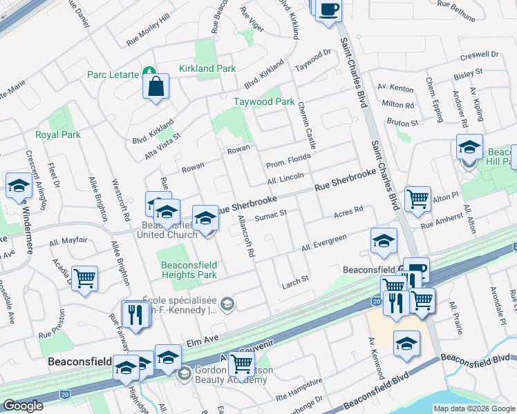 map of restaurants, bars, coffee shops, grocery stores, and more near 146 Rue Sherbrooke in Beaconsfield