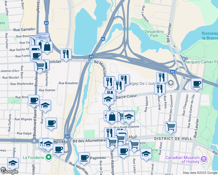 map of restaurants, bars, coffee shops, grocery stores, and more near 308 Rue Saint Rédempteur in Gatineau