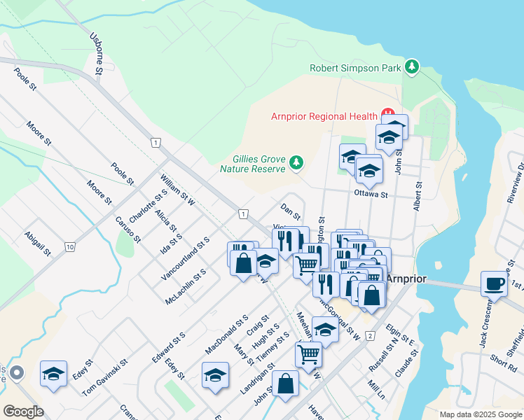 map of restaurants, bars, coffee shops, grocery stores, and more near 118 McLachlin Street North in Arnprior