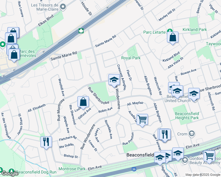 map of restaurants, bars, coffee shops, grocery stores, and more near 313 Windermere Road in Beaconsfield