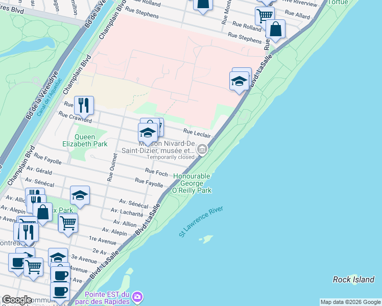 map of restaurants, bars, coffee shops, grocery stores, and more near 1115 Rue Lloyd George in Montréal