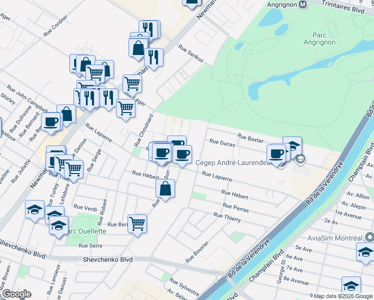 map of restaurants, bars, coffee shops, grocery stores, and more near 1842 Rue Bois-des-Caryers in Montréal