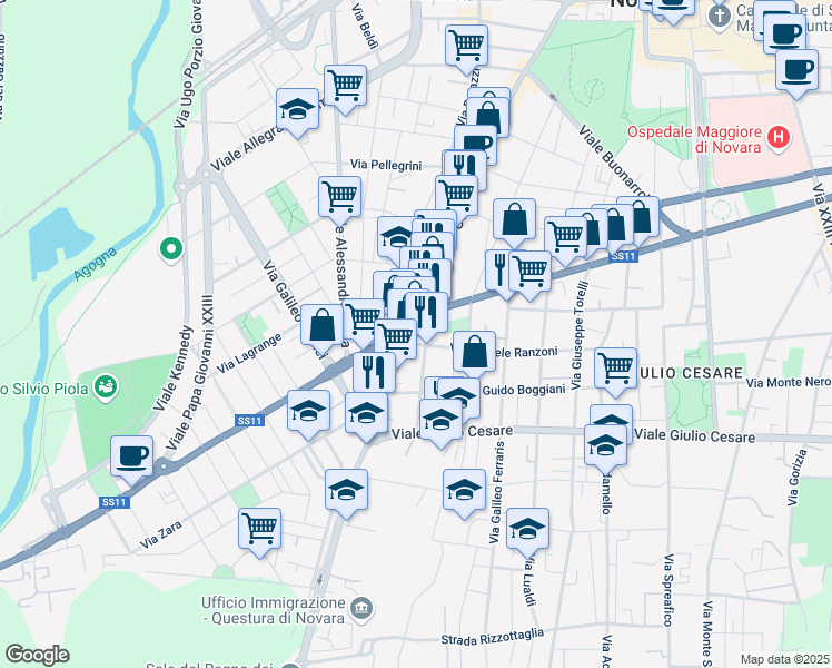 map of restaurants, bars, coffee shops, grocery stores, and more near 11 Largo Luigi Leonardi in Novara