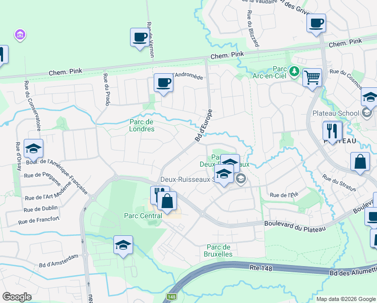 map of restaurants, bars, coffee shops, grocery stores, and more near Boulevard d'Europe in Gatineau