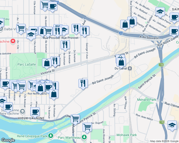 map of restaurants, bars, coffee shops, grocery stores, and more near 300 George V Avenue in Montrã©Al