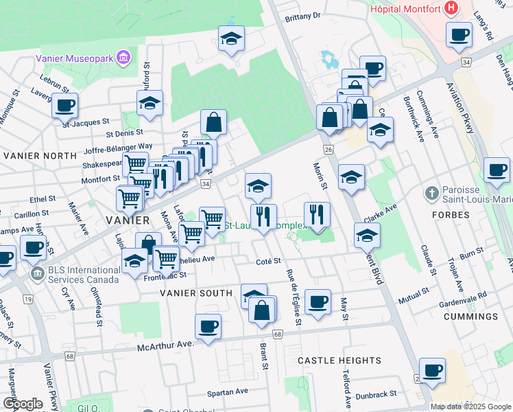 map of restaurants, bars, coffee shops, grocery stores, and more near 656 Église Street in Ottawa