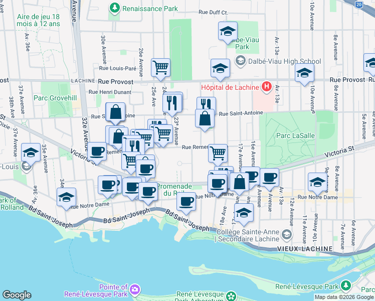 map of restaurants, bars, coffee shops, grocery stores, and more near 2125 Rue Remembrance in Montreal