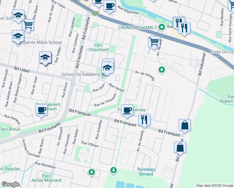 map of restaurants, bars, coffee shops, grocery stores, and more near 1552 Rue de Thavenet in Chambly
