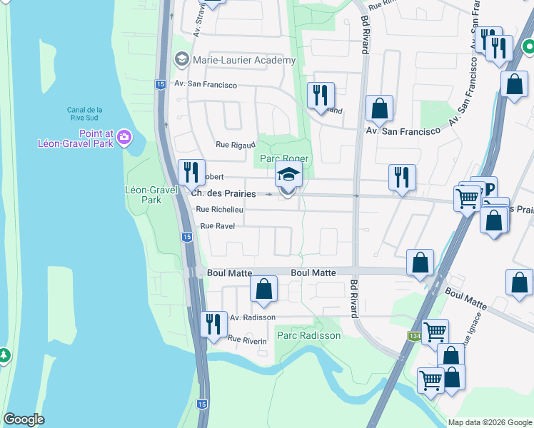 map of restaurants, bars, coffee shops, grocery stores, and more near 935 Rue Richelieu in Brossard
