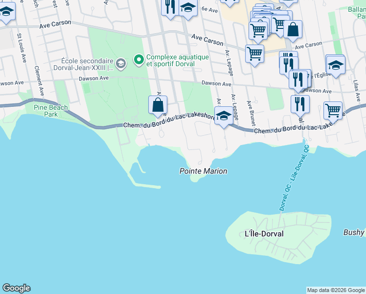 map of restaurants, bars, coffee shops, grocery stores, and more near 38 Place Kathleen-Laing in Dorval
