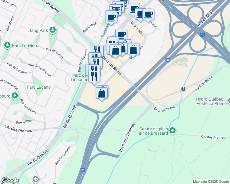 map of restaurants, bars, coffee shops, grocery stores, and more near 9800 Boulevard Leduc in Brossard
