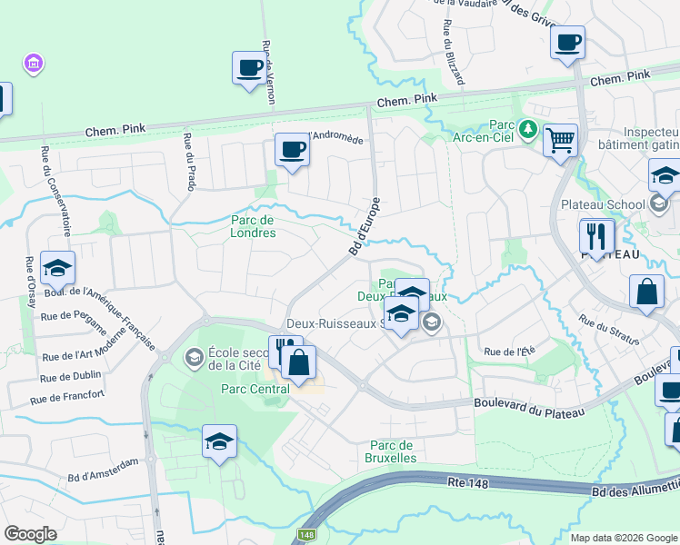 map of restaurants, bars, coffee shops, grocery stores, and more near 267 Boulevard d'Europe in Gatineau