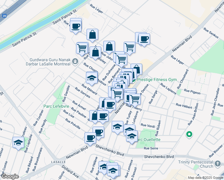 map of restaurants, bars, coffee shops, grocery stores, and more near 2132 Rue Robidoux in Montréal