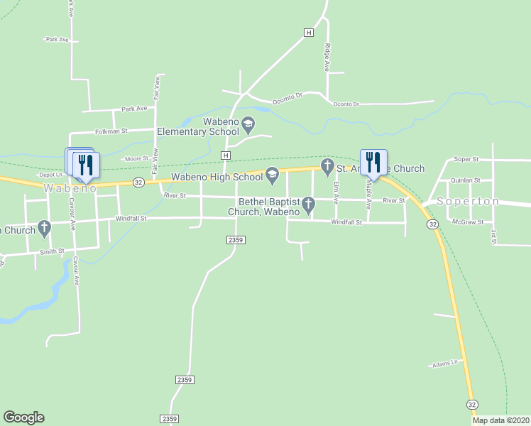 map of restaurants, bars, coffee shops, grocery stores, and more near 4331 School Road in Wabeno