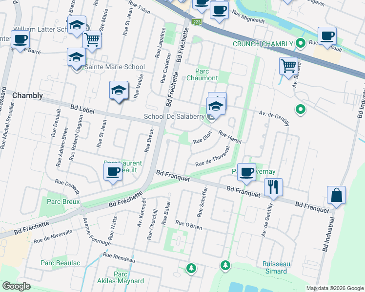map of restaurants, bars, coffee shops, grocery stores, and more near 1344 Rue Berthier in Chambly