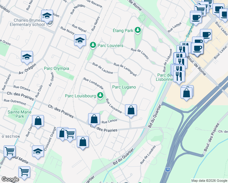 map of restaurants, bars, coffee shops, grocery stores, and more near 7910 Rue de Liverpool in Brossard