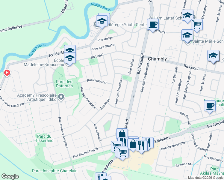 map of restaurants, bars, coffee shops, grocery stores, and more near 1680 Avenue Kent in Chambly